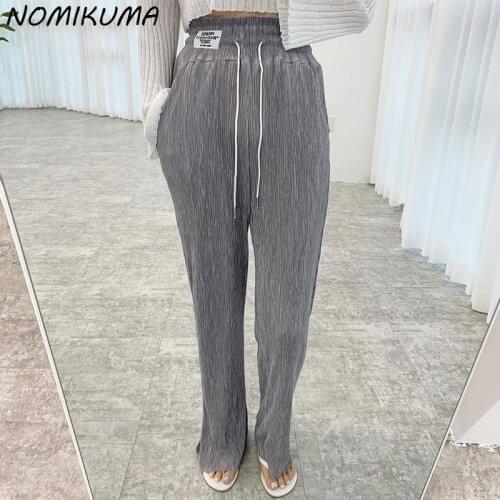 Nomikuma Chic Summer Folds Woman Pants Lace Up High Waist Long Trousers 2021 New Letters Appliques Wide Leg Pants Mujer 6K777