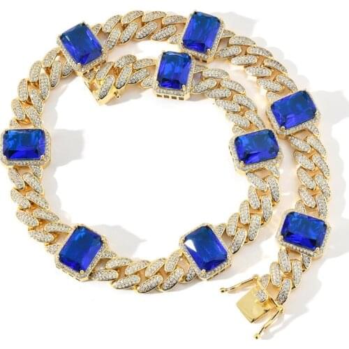 Hip Hop Ruby Sapphire AAA Cubic Zircon Cuban Chain Ice Out Men Necklace High Quality Link for Male Jewelry