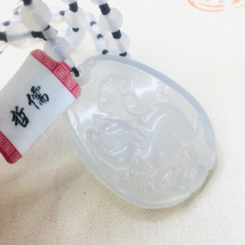 Pure natural ice bottom chalcedony jade Hand-carved oval zodiac pig pendant with tri-color bead necklace sweater chain