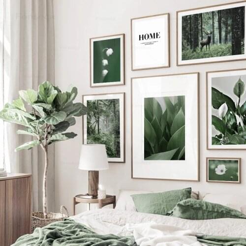 Green Forest Canvas Painting Plant Leaf Agave Flower Deer Wall Art Nordic Posters and Prints Wall Pictures for Living Room Decor