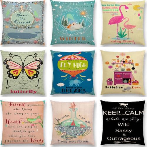 Cute Cartoon Animals Decorative Letters Flowers Bird Whale Cat Fox Flamingo Love Happy Life Cushion Cover Sofa Throw Pillow Case