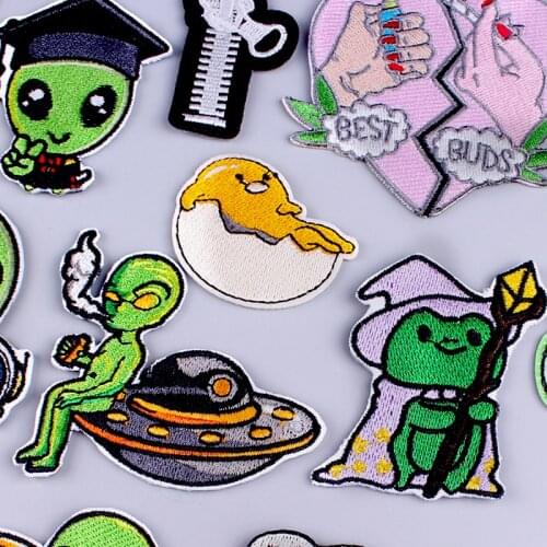 Cute Animal Alien/Spaceship Patch Iron On Patches On Clothes Frog/Dogembroidered Patches For Clothing Stripe Applique Jacket Diy