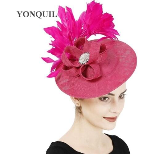 Hot Pink Fashion Wedding Hair Fascinator Hat Bride Elegant Nice Headwear Bridal Show Race Headpiece With Feather Fancy Millinery