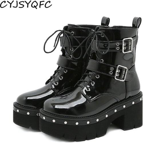 CYJSYQFC Autumn Lace Up Motorcycle Boots For Women Round Toe Thick Bottom High Heel Platform Lady Ankle Boots Punk Gothic Shoes
