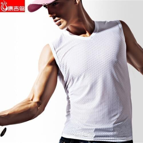 Mens Breathable Mesh Vest Male Ice Silk Quick-drying V- Neck Hollow Sleeveless Vest Wide Shoulder Waistcoat Fitness Slim Mesh