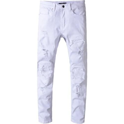New Mens Male trousers Fashion Casual Street Fashion Mens White Jeans Youth Personality Hole Patch Beggar Slim Denim Pants