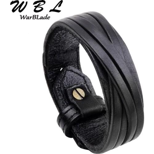 WarBLade New Fashion Men Bracelet Black Brown Genuine Leather Bracelets Bangles Punk Wide Wrap Wristband For Women Jewelry 2019