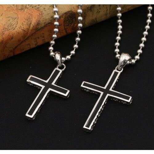 Wholesale S925 Sterling Silver Retro Thai Silver Men And Women Models Japan And South Korea Fashion Epoxy Black Cross Pendant