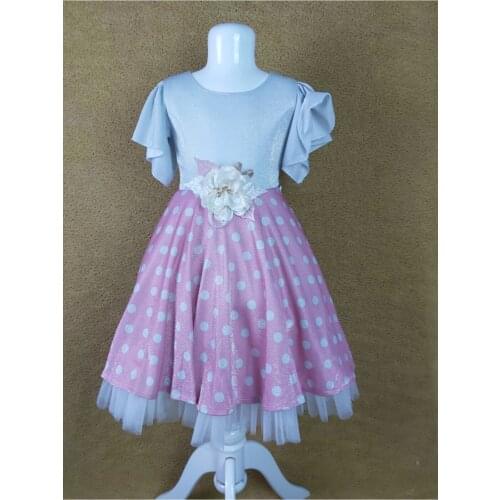Female Child Pink Silvery Polka Dot Short-Sleeve Dress Piece Print Zipper Woven Trend Cycling Neck Viscose Belted