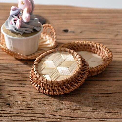 Rattan Woven Storage Tray Desktop Cup Coaster Fruit Holder Photography Props контейнер для еды