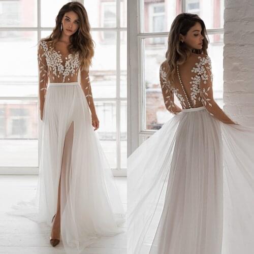 Simple Tulle Wedding Dresses 2021 Slit Applique Scoop Neck Sweep Train A-line Long Sleeve Bridal Gown Vestido De Noiva Casamento