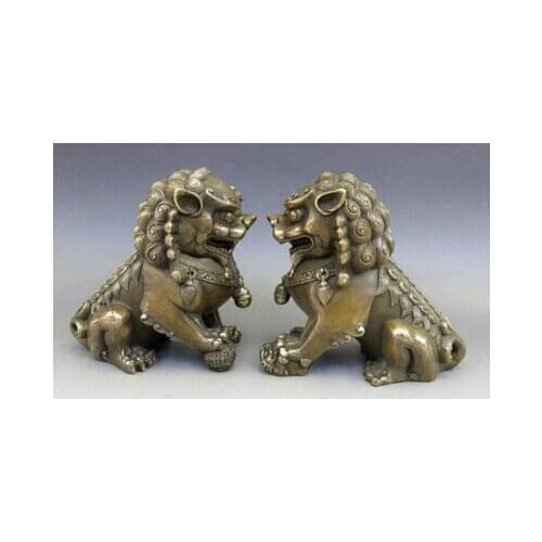 Hand Chinese Brass Copper Animal Feng shui Foo Dog Lion town house Statue Fine wedding Arts Crafts decoration