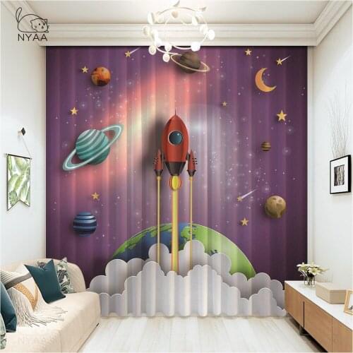 Galaxy Cartoon Rocket Universe Blackout Curtain French Window Curtains For Living Room Modern Bedroom Curtains Micro Shading