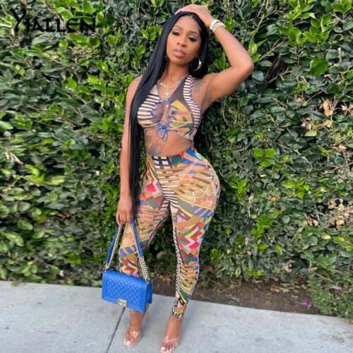 Yiallen Summer Fashion Print 2 Two Piece Set Women Outfits Bandage Sleeveless Crop Top Pants Suits Casual Matching Sets Hot