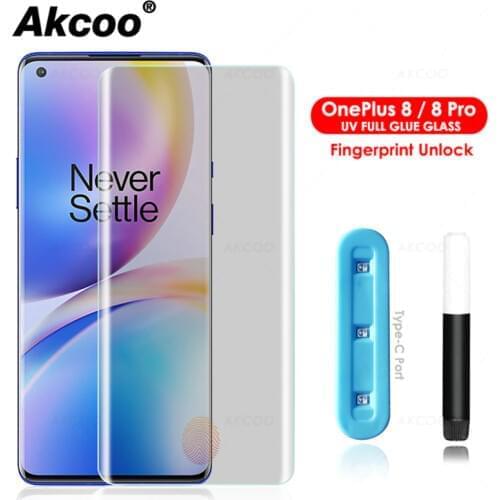 Akcoo for OnePlus 8 Pro Screen Protector UV Full Screen Glue Tempered Glass for OnePlus 7T 8 Pro film unlock with fingerprint