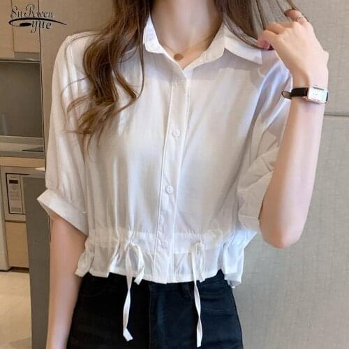2021 Summer Korean Loose Short Sleeve White Top Female Simple Fashion Drawstring Polo Collar Women Blouses Blusas Mujer 10085