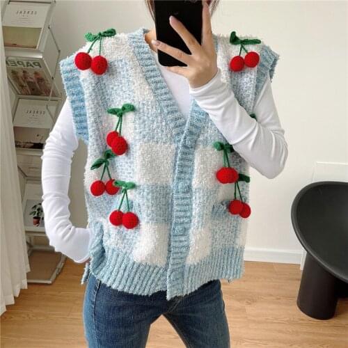 3D Cherry Loose Thick Sweater Vest Women V-neck Single Breasted Sleeveless Cardigan Autumn Winter Warm Sweater Vest Button Tops
