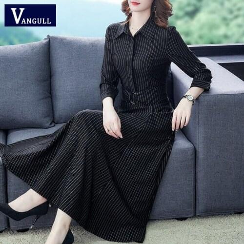Vangull Striped Big Swing Women Dress 2021 Autumn Three Quarter Sleeve Pullover Dress Belt Button Turn-down Female A-Line Dress