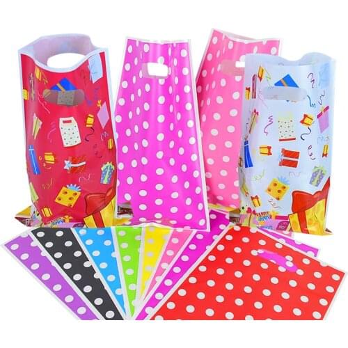 10/20 Pcs 16*25cm Cartoon Polka Dot Handles Plastic Loot Bag Treat Candy Biscuits Packaging Birthday Party Decoration Gift Bags