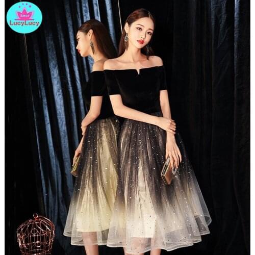 2021 new banquet elegant black sexy long section word shoulder slim slimming dress party Off the Shoulder Patchwork
