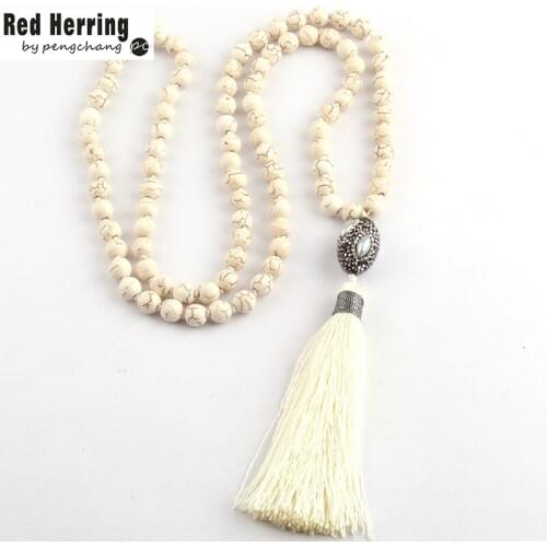 Free Shipping Fashion White Stones Bohemian Tribal Jewelry Oval Pearl Crystal Ball Long White Tassel Necklace