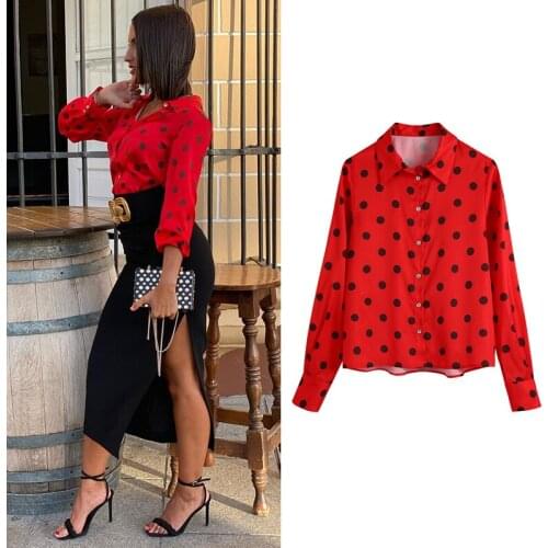 Red Dots Print Satin Blouse Summer Fashion Office Ladies Shirts Za 2021 Women Casual Vintage Chic Tops blusa Mujer Chandails New