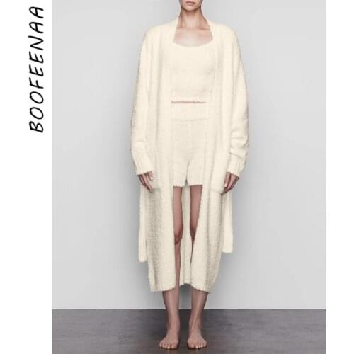 BOOFEENAA Cozy Lounge Wear At Home Fluffy Sweater 3 Piece Set Women Outfits Winter 2020 Cardigan Matching Sets C97-ACH84