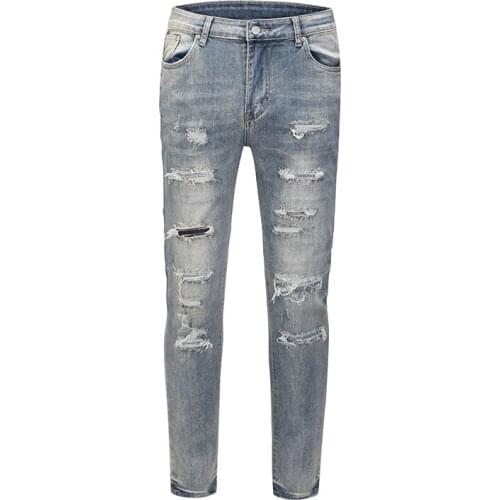 Hip Hop Hole Straight Jeans Mens Frayed Harajuku Casual Denim Trousers Streetwear Baggy Couple Track Pants