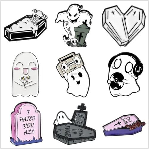 Ghost Enamel Pins Cute Grave Lapel Badges For Clothes Coffin Jewelry Collar Brooches Gifts Accessories For Kids Friends Bags