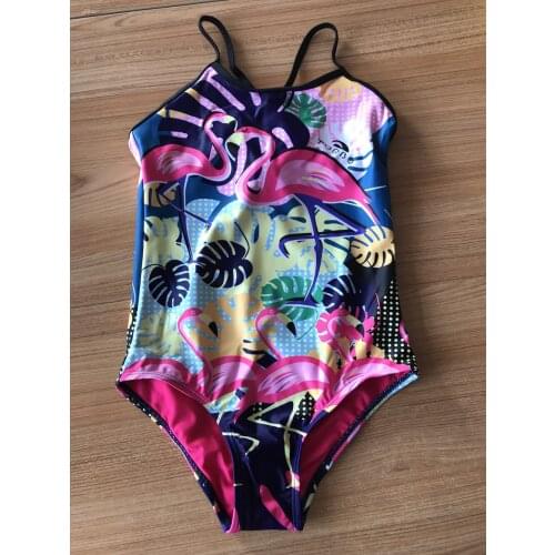 Huibu Child Girls Kid One-piece Flamingo Print Swimwear Cross Back Athletes Trainning Swimsuit Water Pool Game Bathing Suit