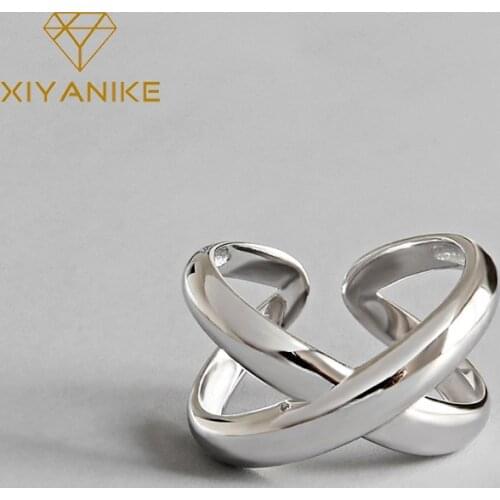 XIYANIKE 925 Sterling Silver Engagement Ring Trendy Simple Geometric Cross Handmade Jewelry for Men Women Size 16.9mm Adjustable