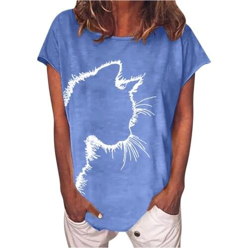 Summer New Womens T-Shirt Cute Cartoon Cat Printed Loose O-Neck Female T-Shirt Fashion Casual Solid Lady Short Sleeve T-Shirt