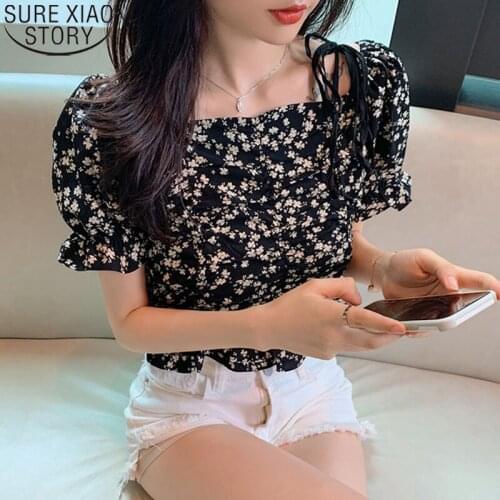 2021 Summer women Shirt New French Style Floral Blouse Puff Sleeve Womens Blosue Square Collar Chiffon Shirt Top Female 14416
