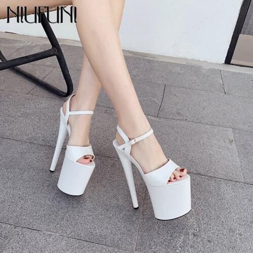 NIUFUNI 2020 New T-Stage 20cm Ultra High Heels Women Sandals Fashion 10cm Platform Model Shoes Buckle Strap Thin Heel Sandals