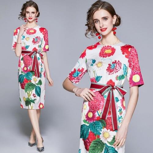 Summer Womens New Ladies Printed Lace-up round Neck Short Sleeve Slim-Fit Dress