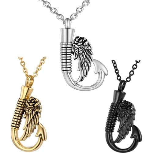 New stainless steel feather fishhook pendant cremation urn necklace geometric ashes keepsake memorial jewelry Dropshipping