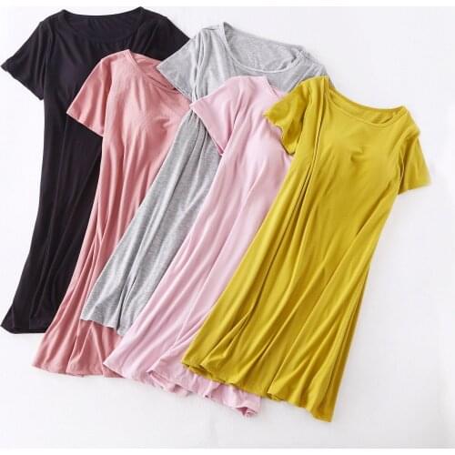 Ribbed short-sleeved nightdress pajamas with chest pad, bra-free thin large size modal dress female summer home service