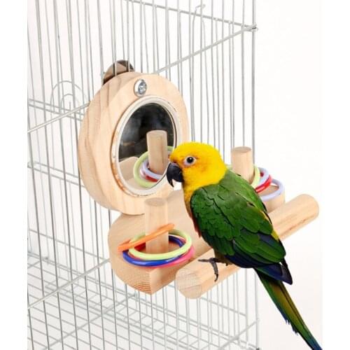 Bird Stand Perch with Mirror for Parrot Cage Wood Intelligence Training Chew Toy