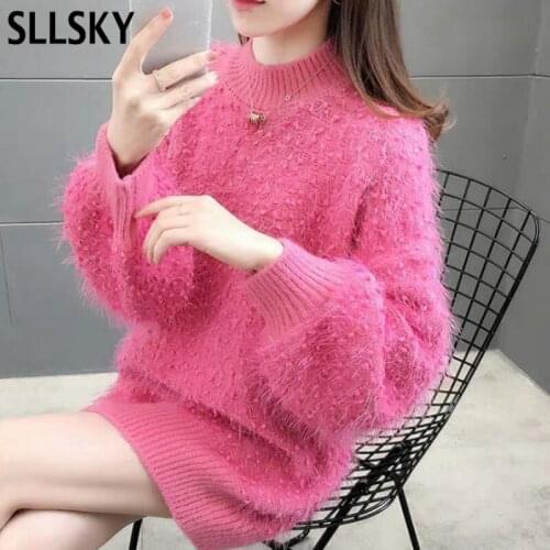 Sllsky Vintage Half Turtleneck women Sweater Solid color Loose Long Sleeve Knit Furry poullovers Lazy Style Top Bottoming Shirt