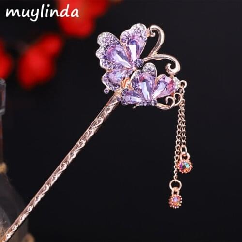 Muylinda Rhinestone Flower Hair Stick For Women Vintage Crystal Hairpin Jewelry With Party Girls Fashion Butterfly Hair Pins