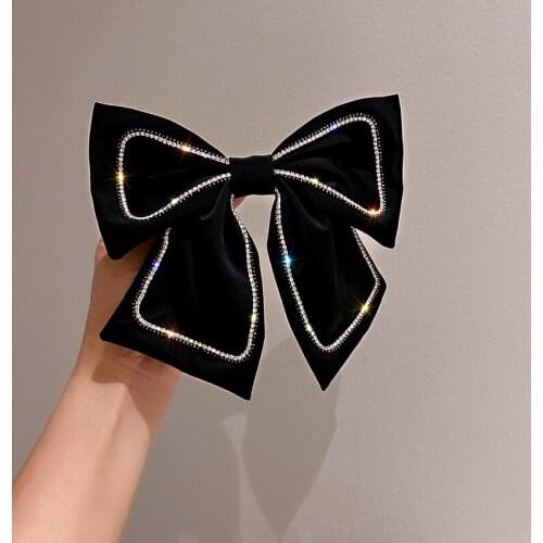 2021 New Elegant Graceful Shining Rhinestone Big Fabric Bowknot Spring Clips Black Color Sweet Headwear Hair Accessories