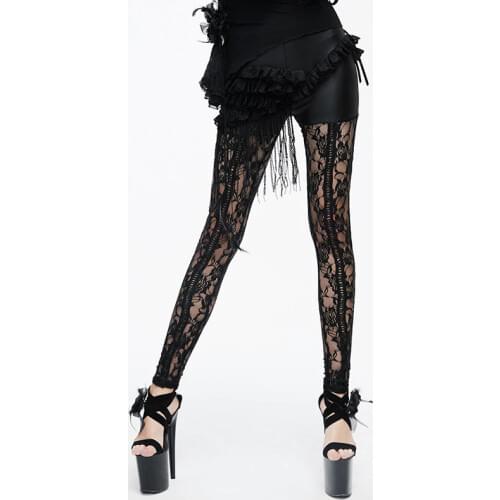 Devil Fashion Gothic Black Sexy Lace Transparent With Flower Embroidering Pants For Women Punk Bodycon Slim Hollow Out Pants