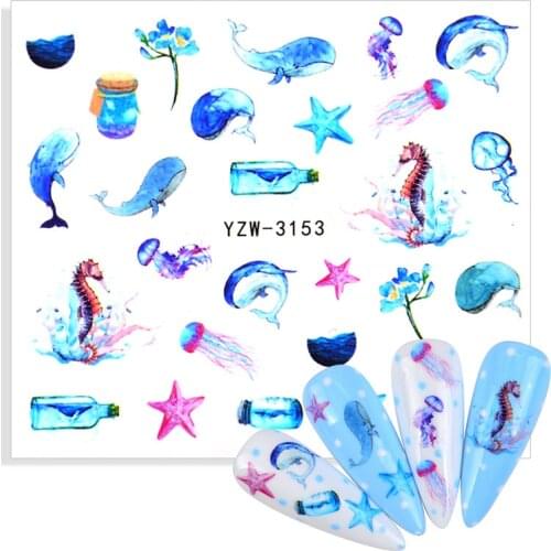 1 Sheet Water Transfer Nail Art Stickers Ocean Animal Cartoon Mermaid Sliders Starfish Octopus Whale Jellyfish Decor Decal