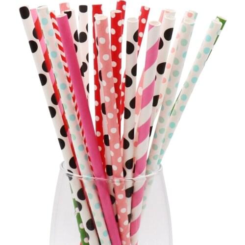 25pcs Red Pink Paper Straws Wedding Decoration Mixed Striped Dot Drinking Straws Baby Shower Birthday Party Supplies Solid Straw