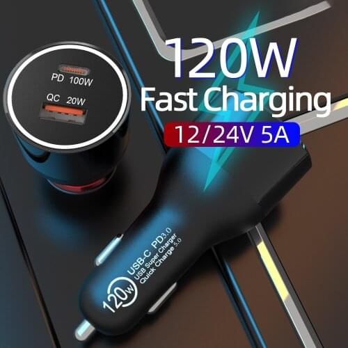 Car Charger Type C USB Quick Charge 4.0 3.0 PD120W 100W 20W PPS 2-Port For Macbook Ipad IPhone11 12 Samsung Xiaomi Phone