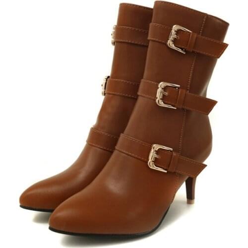 Big Size - boots women shoes ankle boots for women ladies boots Velveteen belt buckle with pointed tip