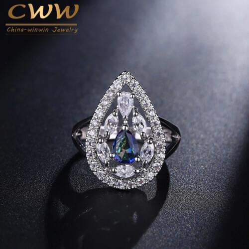 CWWZircons 2017 New Arrival Elegant Shape Mystic Blue Crystal And Cubic Zirconia Female Ring With Rianbow Fire Stone R056