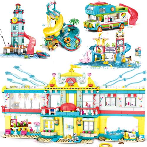 Friends City Summer Fun Water Park Girl Villa Blocks Model Building Kits Bricks Kid Toy Travel Camper Car Beach House Bus Sets