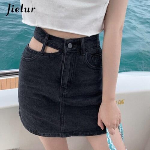 Jielur Summer Casual A-line Hollow Cut Denim Womens Skirts Thin Dark Gray Mini Skirts Solid Colour High Waist Skirt New S-XXL