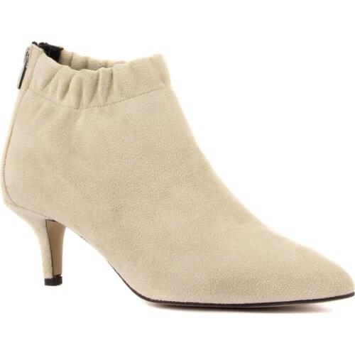 Kadın Bej Süet Lastikli Yarım Bot Çizme İnce Topuklu Sivri Burun Arkadan Fermuarlı